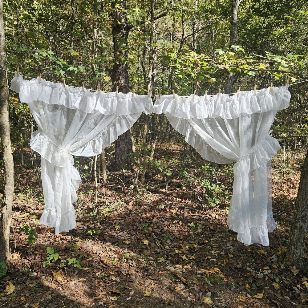 1970s Pricilla White Ruffled Sheer Sears Perma Press Curtains Vintage 132"x54"